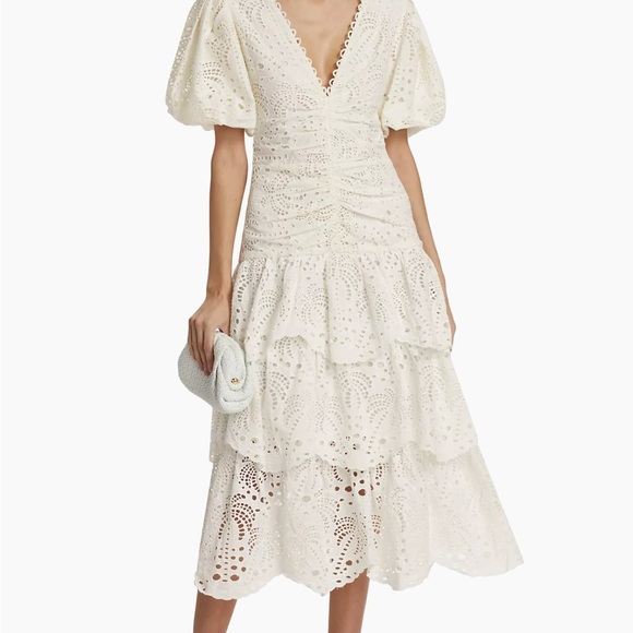 🆕 Farm Rio White Cotton Eyelet Puff Sleeve Midi Dress XXS - Picture 7 of 9